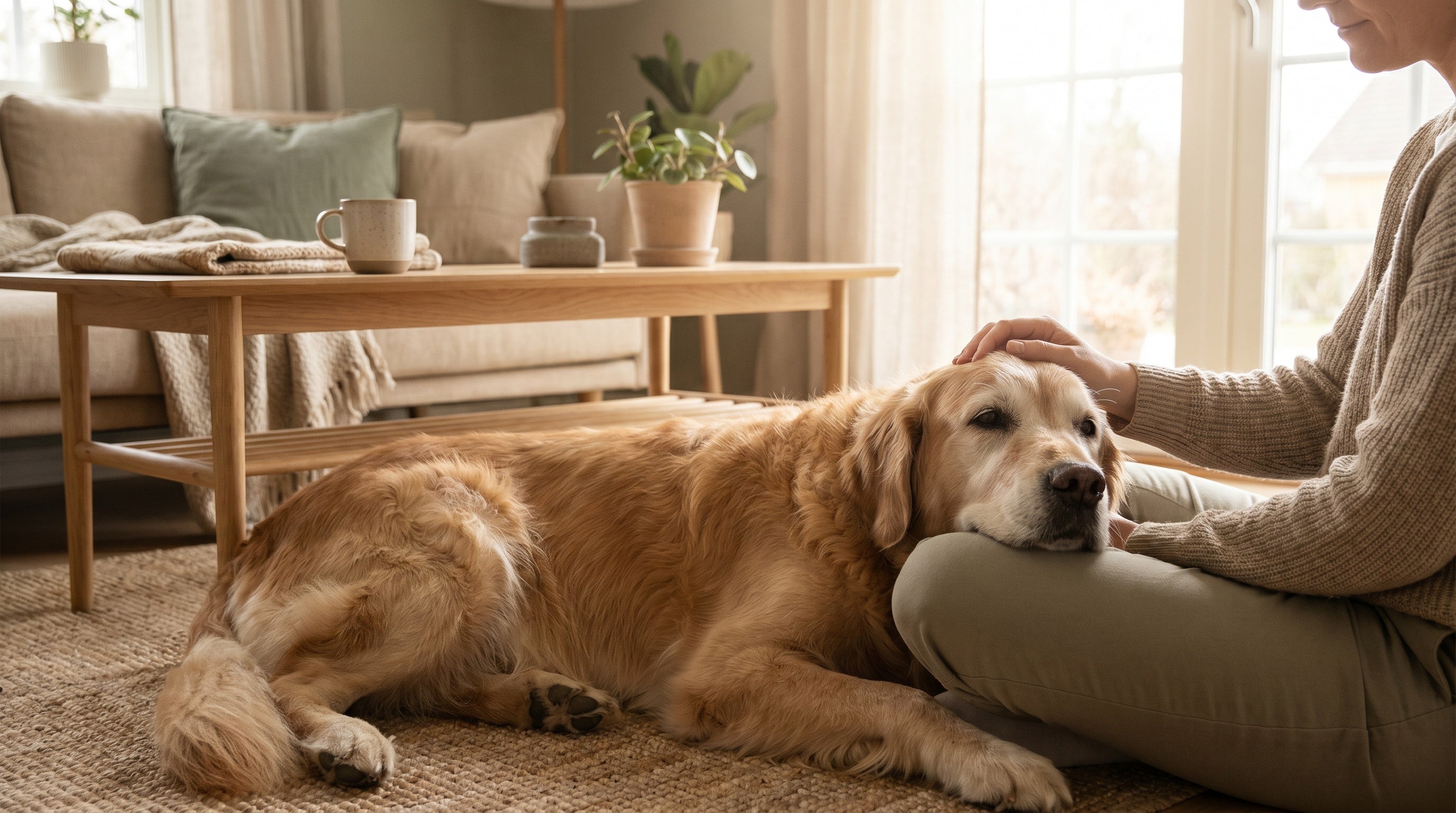 Seniorhund hviler hos sin ejer