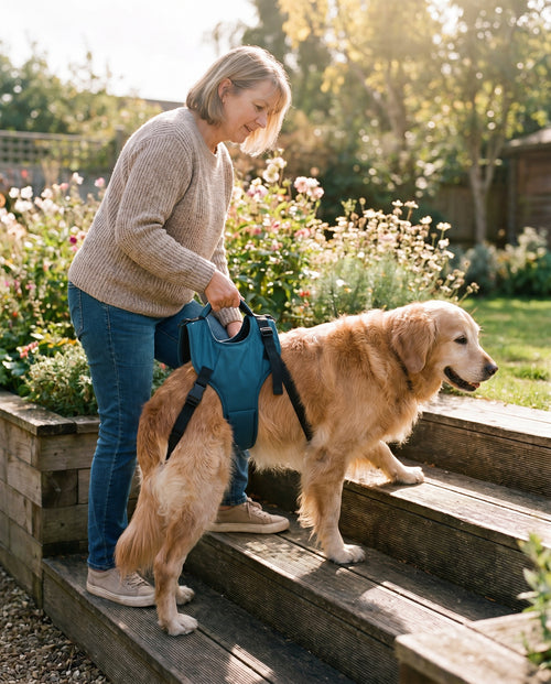 Ældre kvinde hjælper sin senior golden retriever op ad havetrappen med bagbensstøtte løftesele