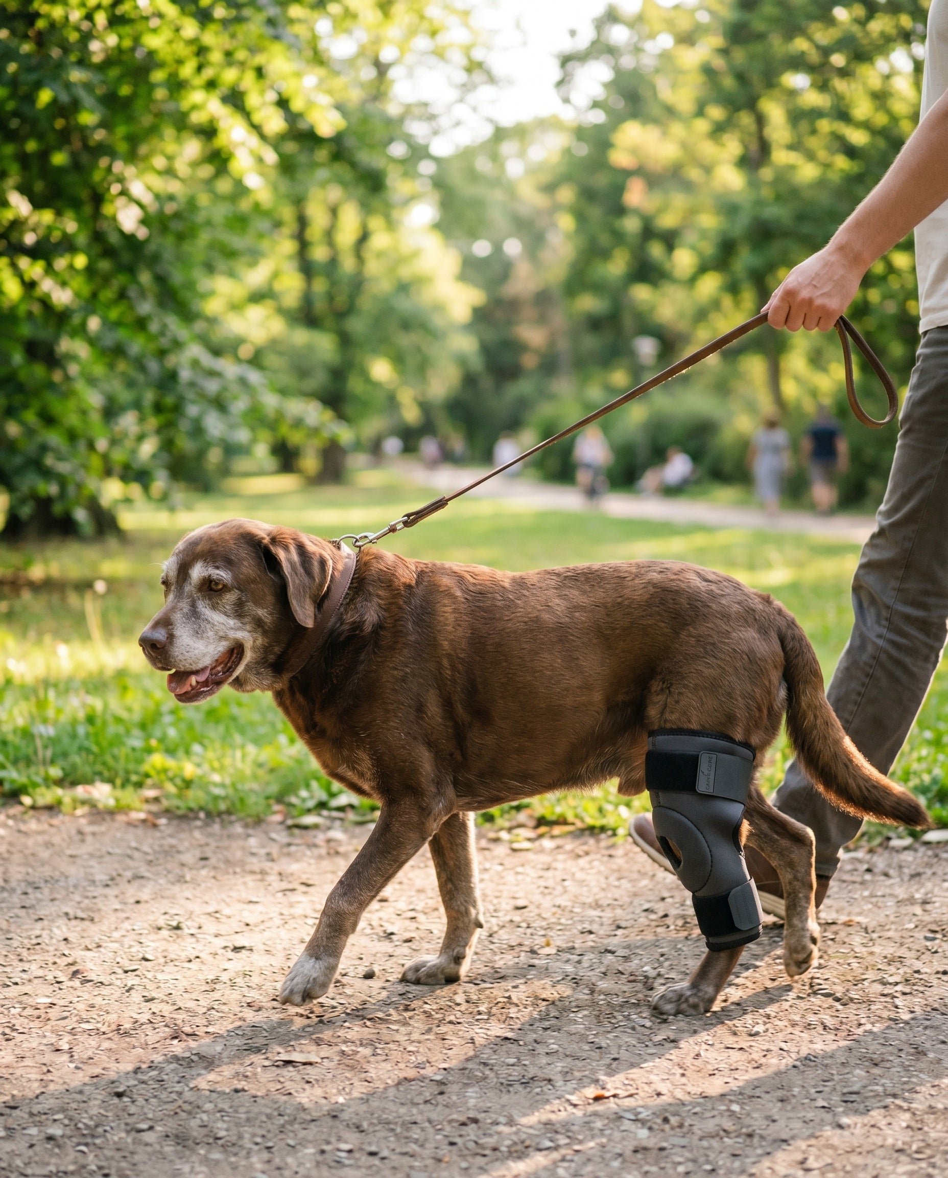 Senior labrador går tur i parken med knæ- og hofteskinne på bagbenet