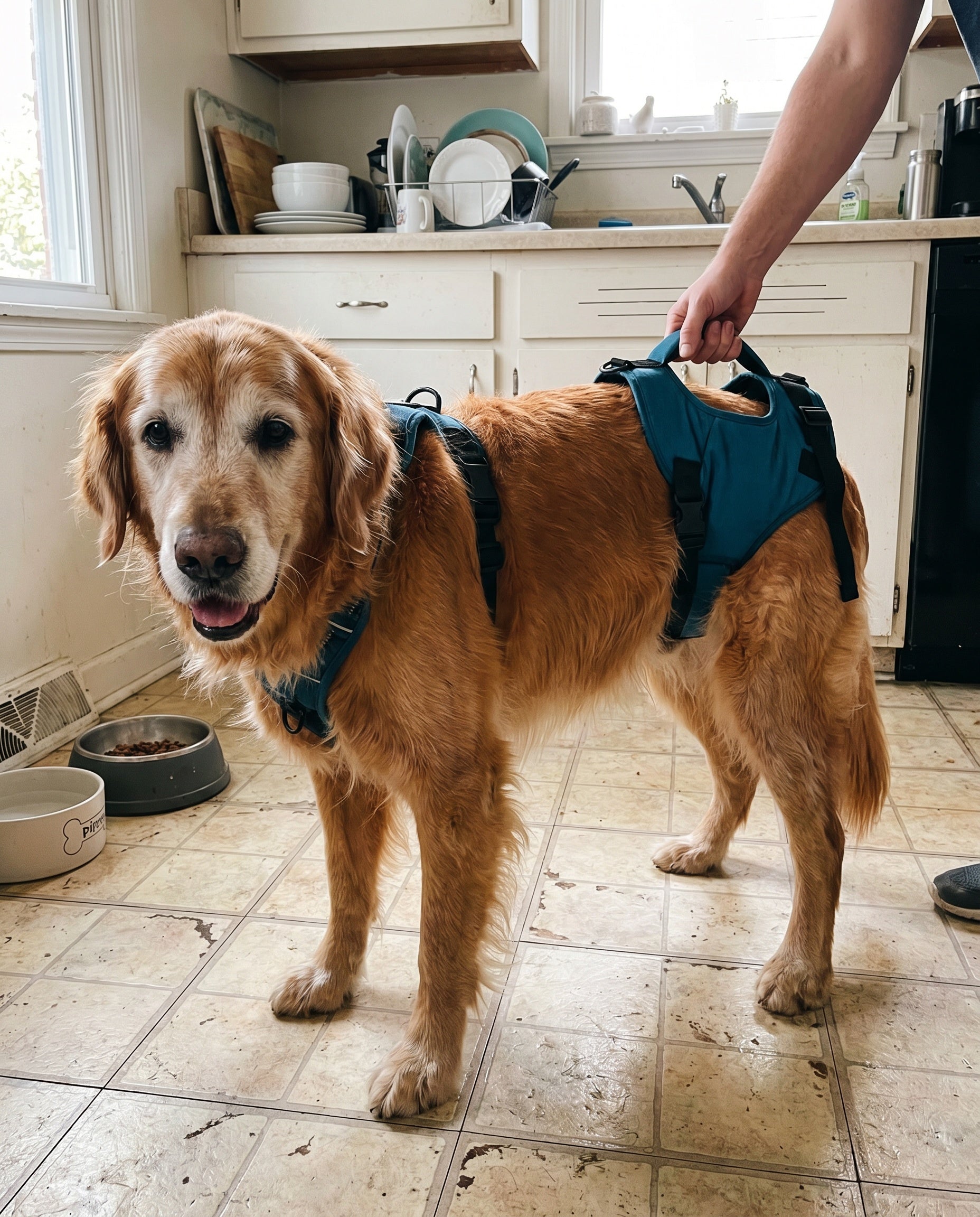 Senior golden retriever støttet af teal bagbensløftesele i hjemmet