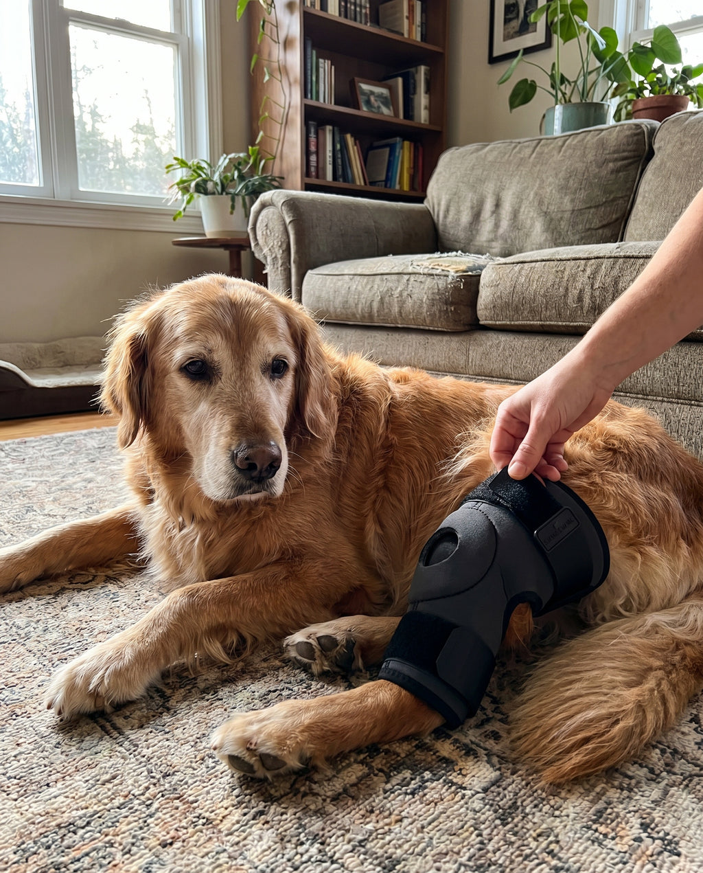 Senior hund med knæ- og hofteskinne hviler på stuegulvet