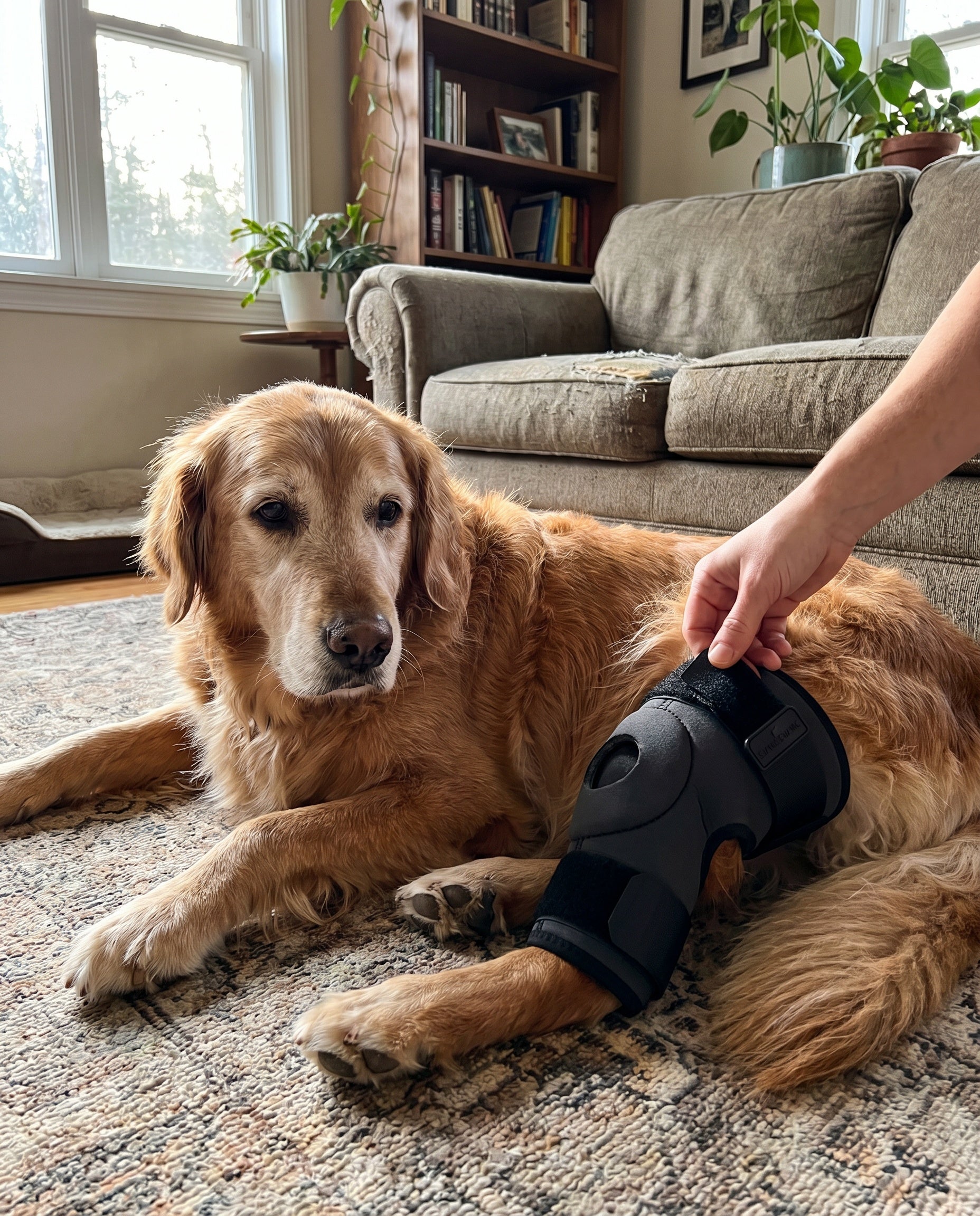 Senior hund med knæ- og hofteskinne hviler på stuegulvet