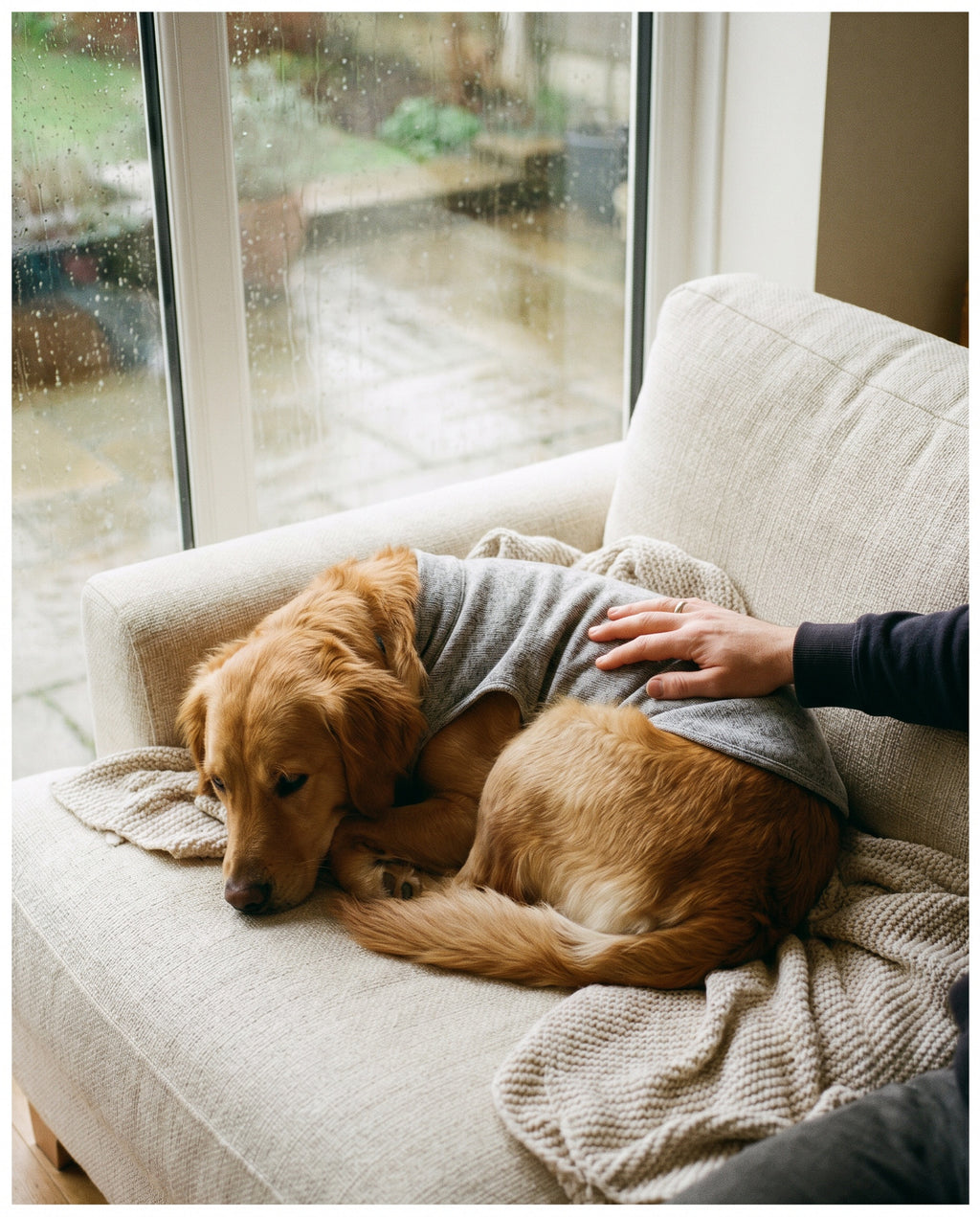 Rolig hund i grå beroligende angstvest hviler på sofaen mens det regner