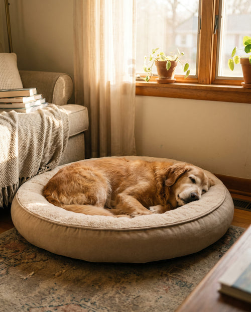 Senior hund sover trygt i beige ortopædisk donut-hundeseng ved vinduet
