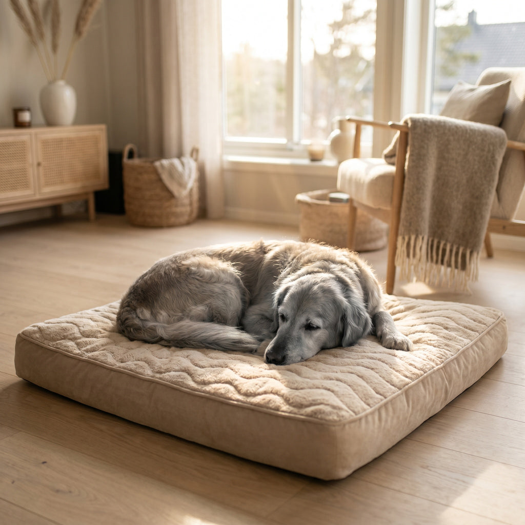 Seniorhund sover i firkantet memory foam-hundeseng