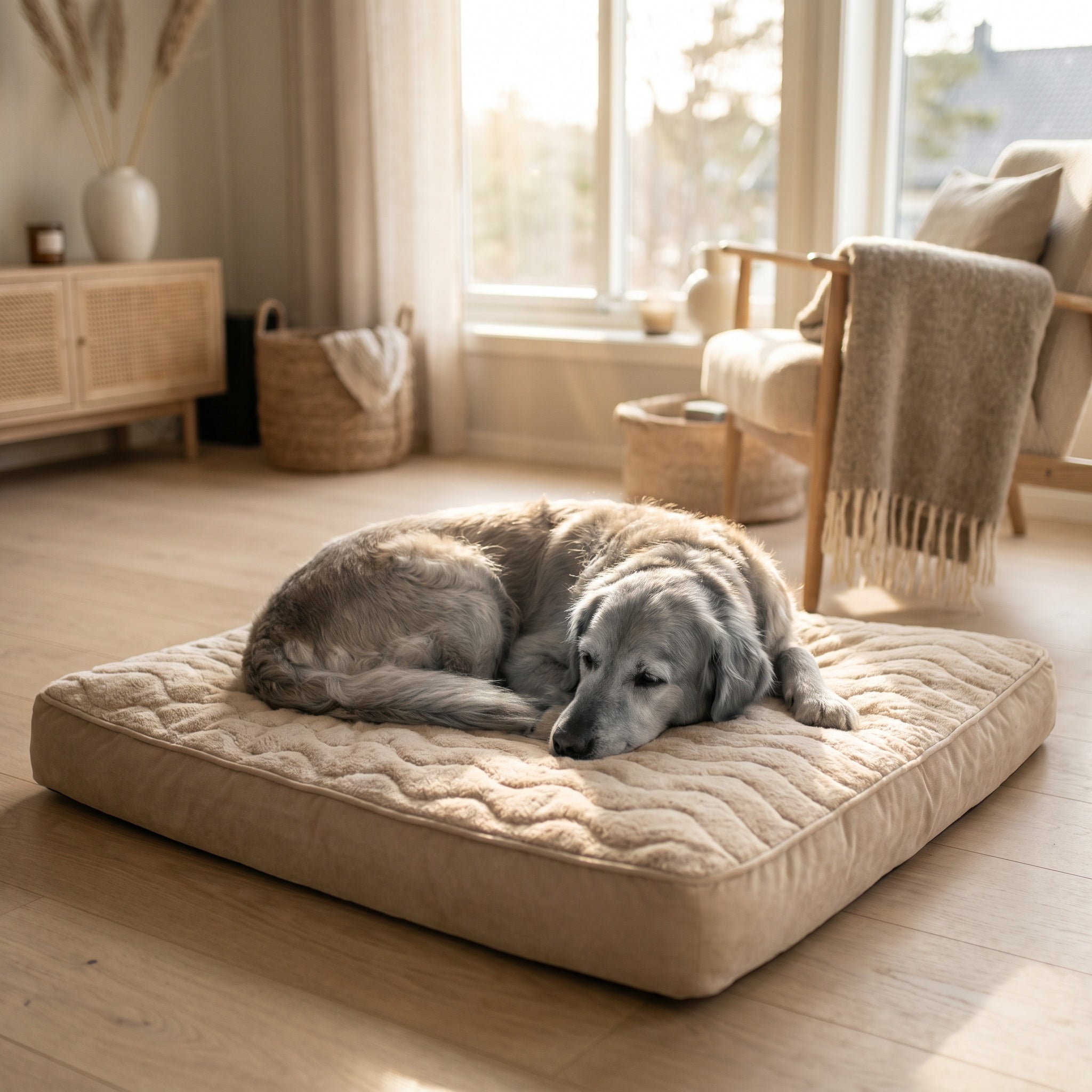 Seniorhund sover i firkantet memory foam-hundeseng